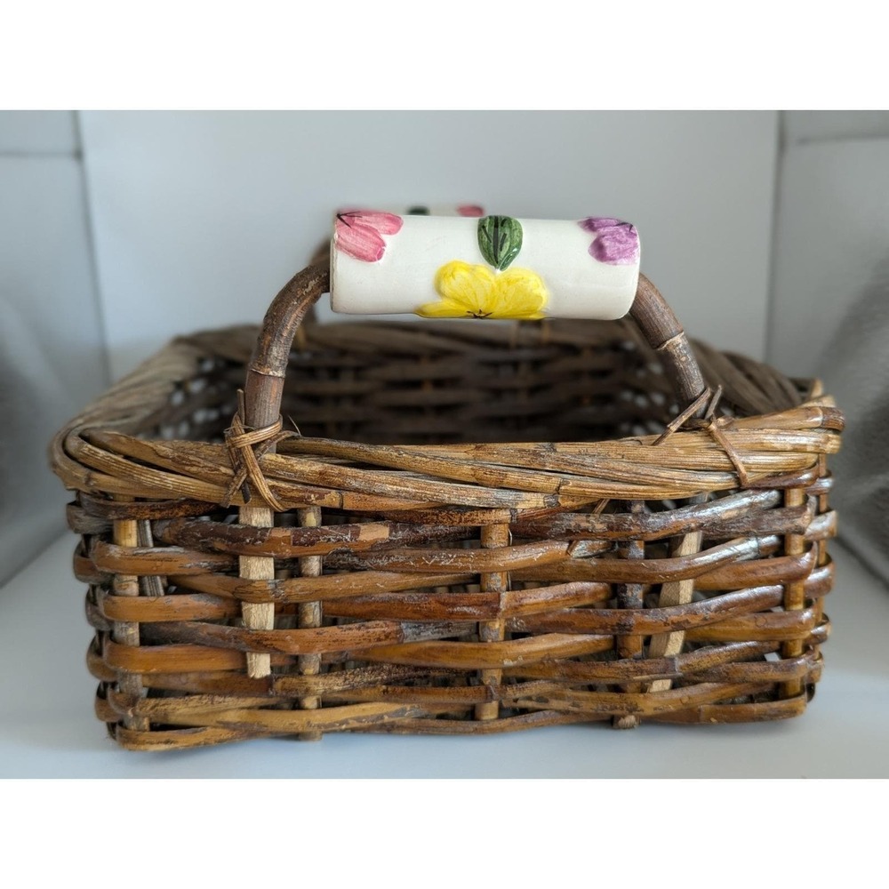 Vintage Wicker Basket with Hand Painted Ceramic Handles Primitive‎ Decor